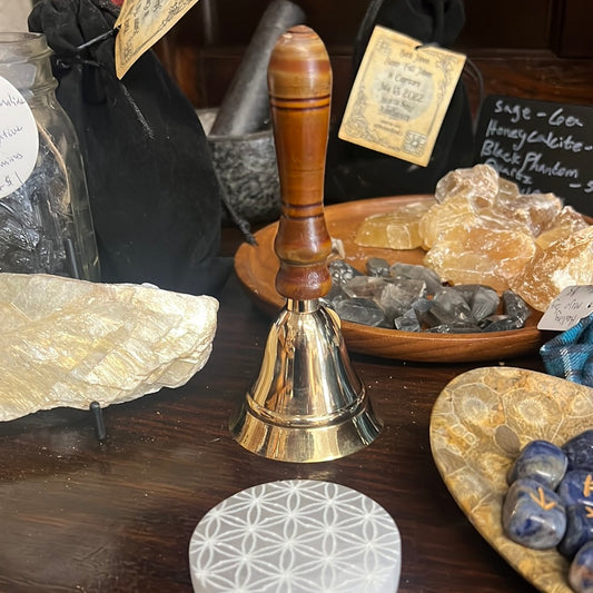Bell, brass wood handle